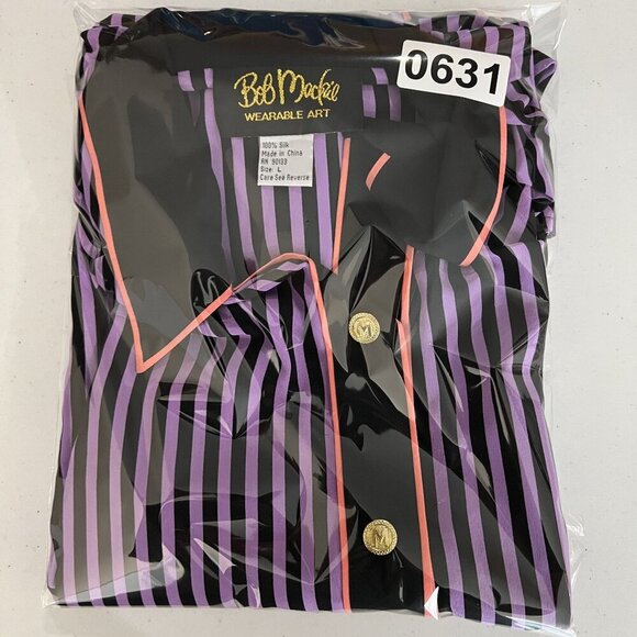 Bob Mackie Womens L Wearable Art 100% Silk Blouse Gold Buttons Contrast Trim Top - Picture 15 of 16